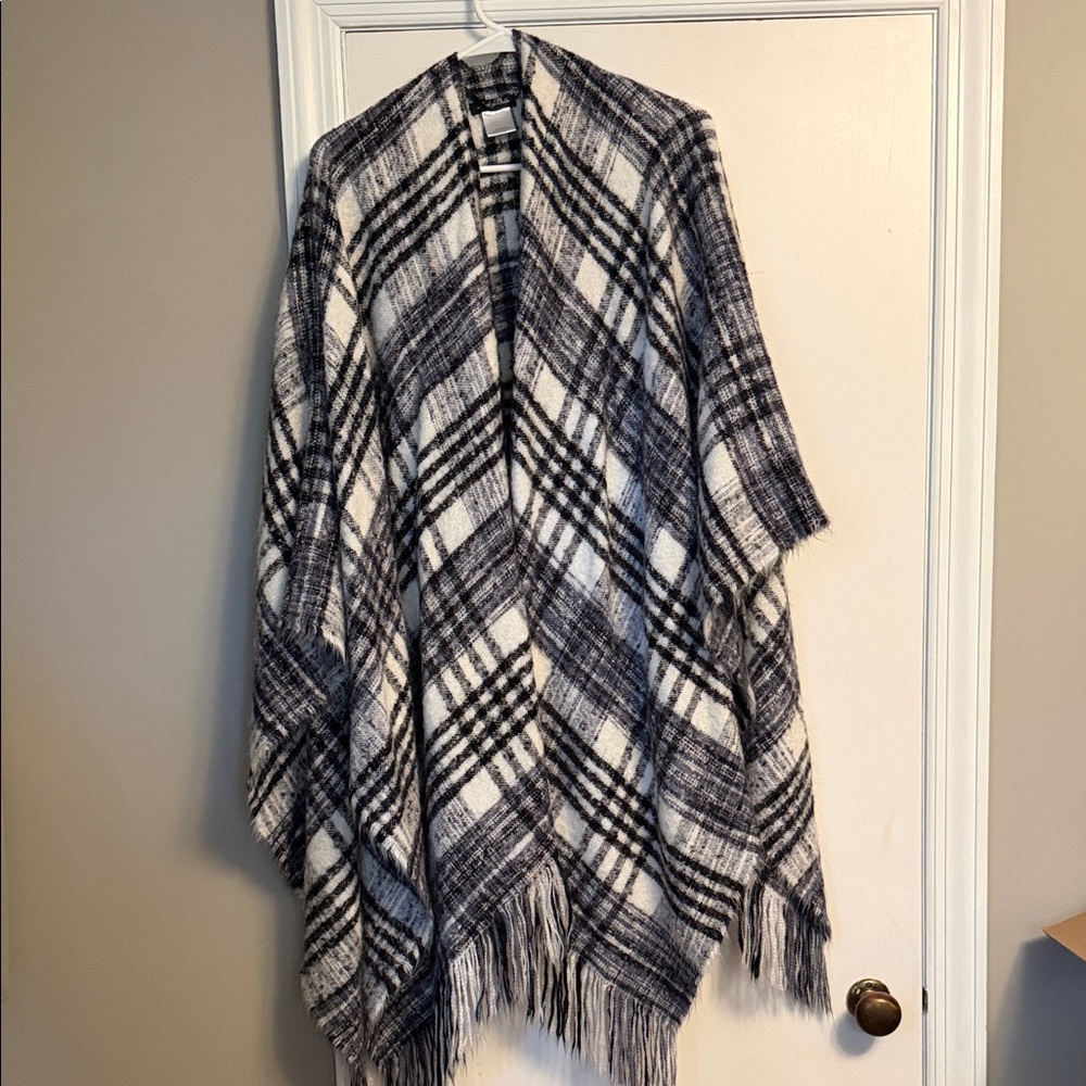 Plaid Black and White Poncho